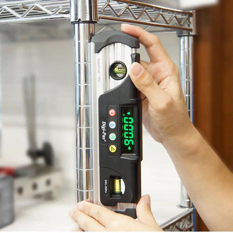 Waterproof IP67 Digital Torpedo Level With Protractor Magnetic Back LED Bright Display 9 Inch in use on metal shelf frame