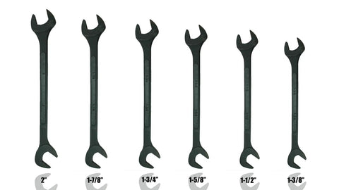 Six-Piece Jumbo SAE Angle Wrench Set Black Oxide Finish With Carry Pouch Sizes 1-3/8 To 2 Inches 15-Degree And 60-Degree Offset Open Ends Heavy-Duty Automotive Home Garage Tools