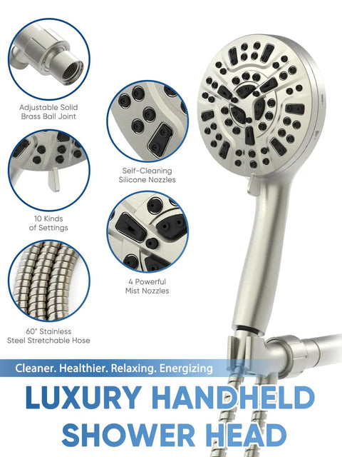 High Pressure Handheld Shower Head 5 Inch Spray Face, 10 Settings, 6 Zone Power, Anti Clog Nozzles, Brushed Nickel Finish