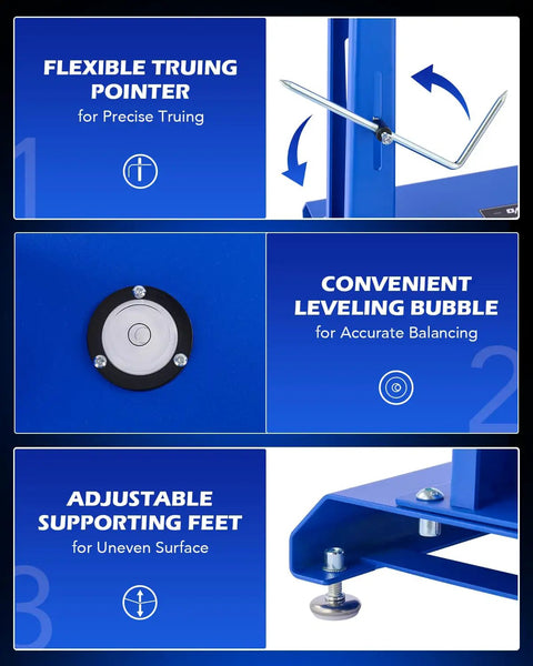 Motorcycle Wheel Balancer and Truing Stand for Bikes DIY Friendly Heavy Duty Tire Balancer with Adjustable Truing Pointer Steel Axle Built In Level Perfect for Sport Dirt and Street Bikes product features displayed