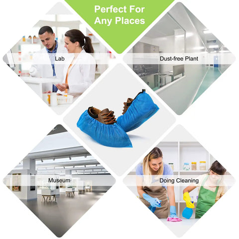 Disposable Shoe Covers For Indoor Use Pack Of 200 With 100 Pairs, Waterproof CPE Booties, shown in lab, cleaning, dust-free plant, museum settings