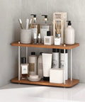 Two Tier Adjustable Bathroom Counter Organizer For Vanity, Sink And Kitchen Corners with skincare items displayed, wood and iron build.