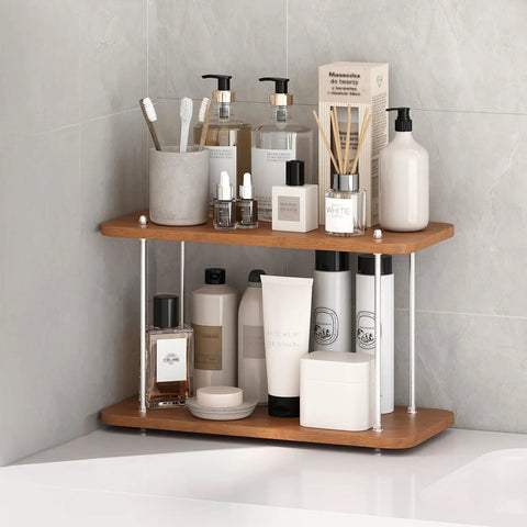 Two Tier Adjustable Bathroom Counter Organizer For Vanity, Sink And Kitchen Corners with skincare items displayed, wood and iron build.