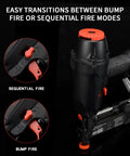 Pro Grade 16 Gauge Finish Nailer Gun Featuring One To Two And Half Inch Capacity And Lightning Fast Ninety Shots Per Minute showing fire mode selector.