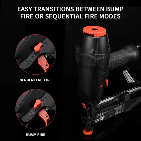 Pro Grade 16 Gauge Finish Nailer Gun Featuring One To Two And Half Inch Capacity And Lightning Fast Ninety Shots Per Minute showing fire mode selector.