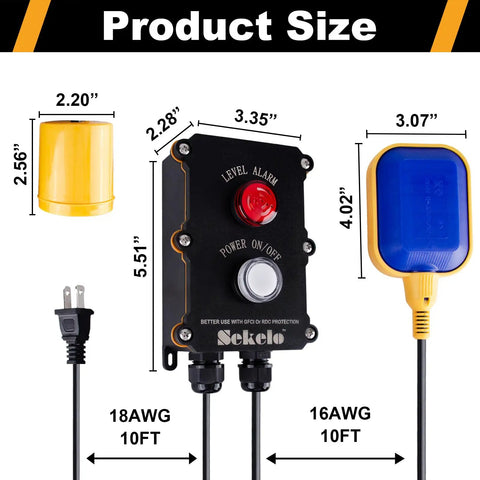 Sump Pump Alarm With 10ft Float Switch And 90dB Alarm, LED Power On Off Indicator, IP67 Waterproof with dimensions and components shown