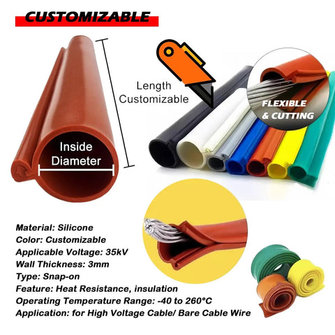 35KV Cable Protector Silicone Sleeve in various colors emphasizing flexibility, cutability, and customizable length.