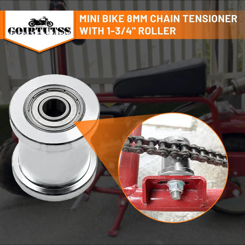 8mm Chain Tensioner With 1-3/4 Inch Roller for Baja Ct100u Ct100x Mini Bikes, silver finish and close-up view on bike