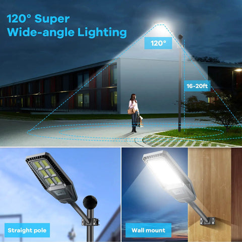 Two Pack 300W LED Solar Street Lights Outdoor IP66 Waterproof 30000 Lumens with wide-angle lighting and mounting options