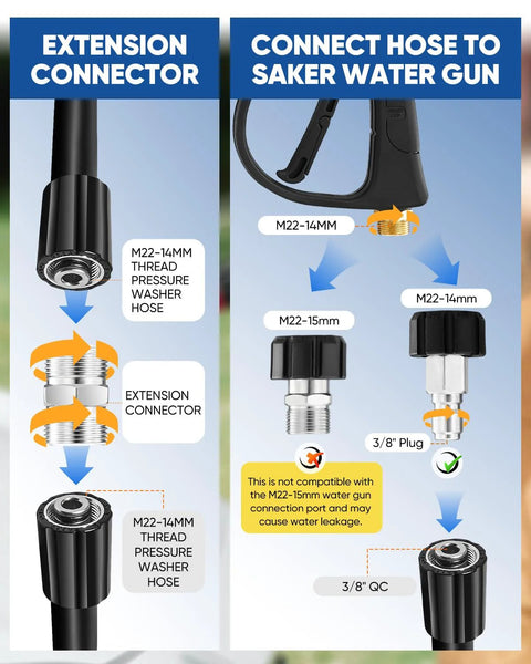 Saker 10-piece pressure washer hose connector set with M22-14mm to 3/8 in quick-connect adapters and storage bag