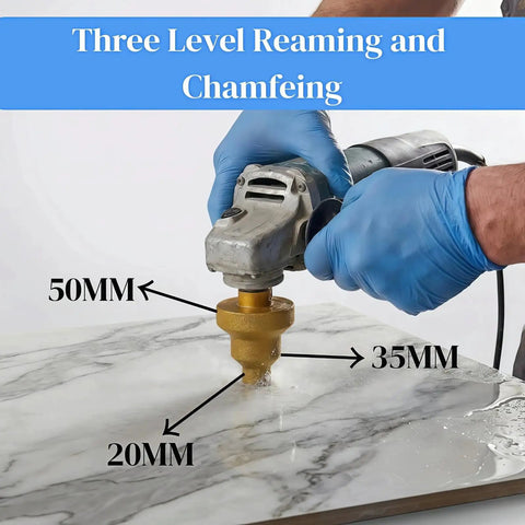 Diamond Step Drill Bit Set With M10 Thread, 20mm 35mm 50mm Three Stage Hole Opener For Tile Concrete Marble Granite Stone in use