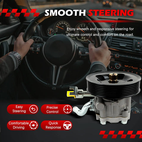 Heavy Duty Power Steering Pump With Pulley Replacement For Nissan Frontier Pathfinder Xterra 2005 To 2012 Four Point Zero Liter Engine, shown in vehicle with hands on steering wheel.