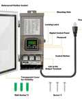 300W Low Voltage Landscape Transformer With Timer And Photocell Sensor Outdoor Waterproof Yard Ready For Spotlights And Pathway Lighting 120V AC To Twelve Or Fifteen Volt Output Four Modes, showing components including digital control panel and power plug.