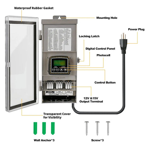 300W Low Voltage Landscape Transformer With Timer And Photocell Sensor Outdoor Waterproof Yard Ready For Spotlights And Pathway Lighting 120V AC To Twelve Or Fifteen Volt Output Four Modes, showing components including digital control panel and power plug.