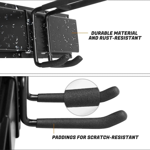 Close-up of Heavy Duty Steel Ski And Snowboard Wall Mount Rack With Double Hooks and Cinch Straps showing durable rust-resistant material.
