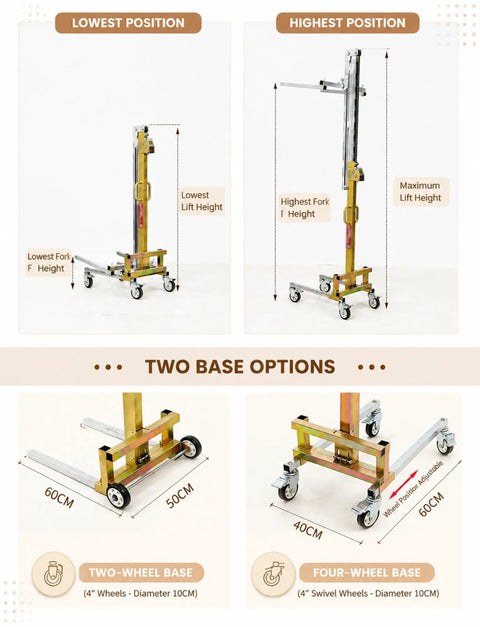 Heavy Duty Manual Lifting Stacker For Easy Cabinet Install And Material Handling With Smooth Rolling Wheels To Move Loads Up To 80kg showing height adjustments and base options.