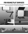 NEEWER heavy-duty clamp with 5/8 in stud on adjustable arm mounting a rectangular LED panel for photography lighting