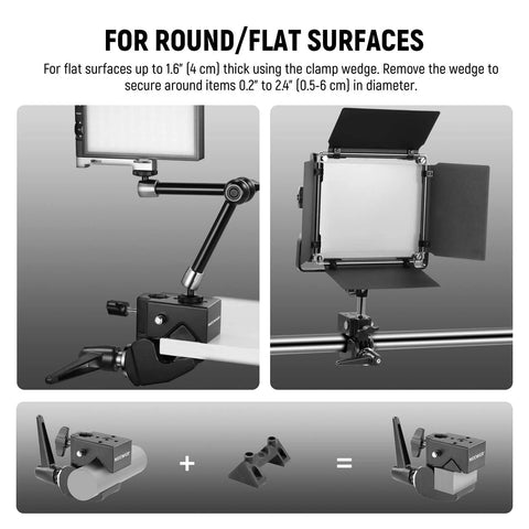 NEEWER heavy-duty clamp with 5/8 in stud on adjustable arm mounting a rectangular LED panel for photography lighting