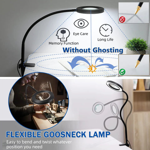 Hands Down The Best Eight Times Magnifying Glass With Bright Led Light And Flexible Stand Clamp For All Your Crafting Reading And Hobby Needs Real Glass Lens Dimmable Three Color Modes Adjustable Desk Lamp showing flexible gooseneck and eye care features.