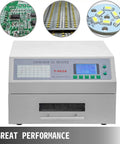 Pro Grade Desktop Reflow Oven Soldering Station with Infrared Heater and display panel, showing PCB work details.