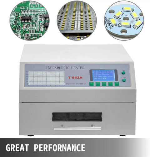 Pro Grade Desktop Reflow Oven Soldering Station with Infrared Heater and display panel, showing PCB work details.