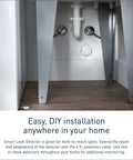 Flo Smart Water Leak Detector 3 Pack shown installed under sink for leak monitoring, water sensor alarm with real time alerts visible