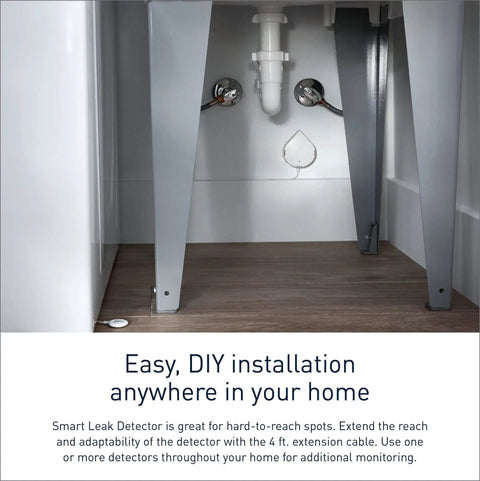 Flo Smart Water Leak Detector 3 Pack shown installed under sink for leak monitoring, water sensor alarm with real time alerts visible