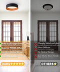 Comparison of flush mount LED ceiling lights, showing modern design with wood accent and black finish on the left versus traditional on right