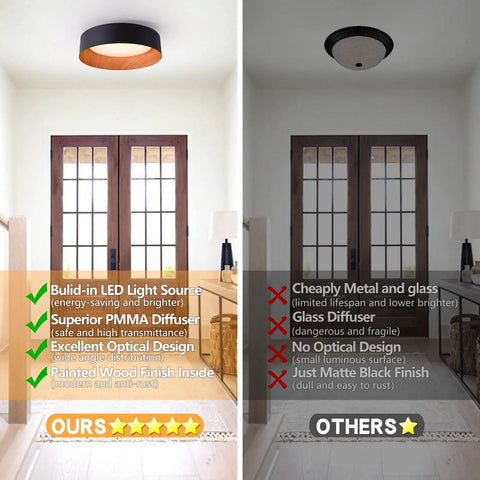 Comparison of flush mount LED ceiling lights, showing modern design with wood accent and black finish on the left versus traditional on right