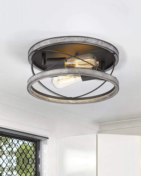 Farmhouse Wood Flush Mount Ceiling Light 12 Inch 2 Light Dimmable Fixture mounted in modern interior