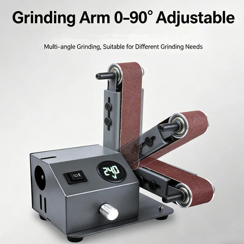 Electric 350W Digital Belt Sander And Knife Sharpener With Variable Speed And Adjustable Angle Includes Ten Sanding Belts For Wet Or Dry Use showing adjustable grinding arm.