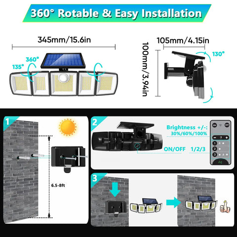 Ultra Bright Solar Motion Flood Light Outdoor Waterproof With 416 LEDs, installation guide, dimensions, remote control
