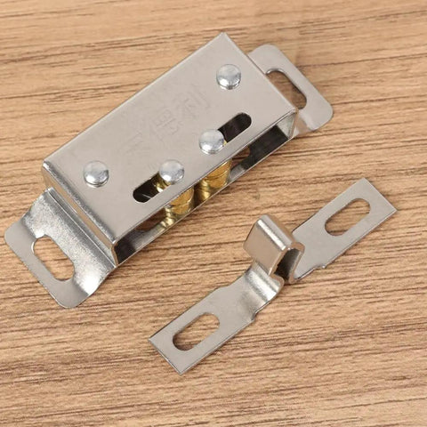 Close-up view of a 3-piece heavy-duty stainless steel double roller door catch latch for cabinets and cupboards, spring loaded, adjustable head.