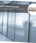 3 Piece Sliding Door Pulley Wheel Window Roller For Smooth Replacement For Sliding Gates And Doors With Durable Double Bearing Track Guide System For Quiet Operation Easy Installation And Long Lasting Performance shown next to glass patio doors.