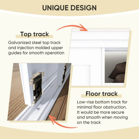 Easy Install Sliding Closet Door For 48 Inch Wide Opening Bypass Style With Two Panels 80 Inch Tall Steel Frame Primed And Preassembled No Fuss Paintable Surface Top And Bottom Track Kits Included Built Tough And Durable showing top and floor tracks
