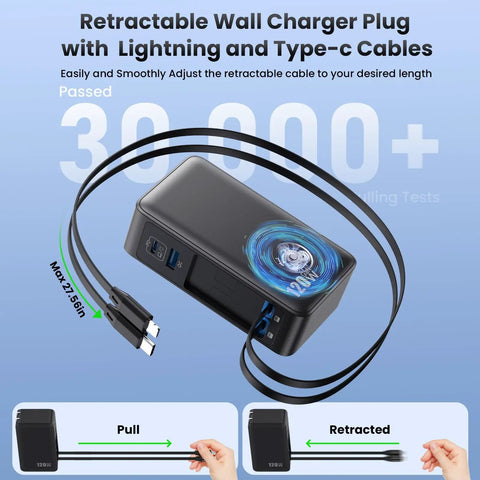 GaN IV 120W 4 In 1 Fast Charger With Built In Dual Retractable USB C Cables And Lightning Cable Foldable Wall Plug