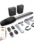 Rugged Built Single Automatic Swing Gate Opener With All Weather Aluminum Housing And Smart App Control For 8ft Gates Under 775 Lbs Smooth Operator No Hassle Complete Remote Kit components with motor, brackets, and remote control.