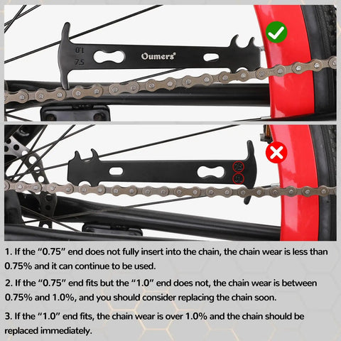 Bike Chain Repair Kit With Break Tool Master Link Pliers Chain Wear Checker diagram showing chain wear using checker
