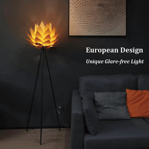 Boho Lotus Flower Floor Lamp With Tripod Stand, Cozy Glow and Chill Vibe beside black sofa in living room.