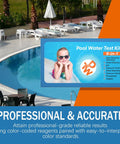 No Sweat 9 In 1 Pool And Hot Tub Test Kit with colorful label near pool and sunbathing area, showcasing pool chemistry tests.