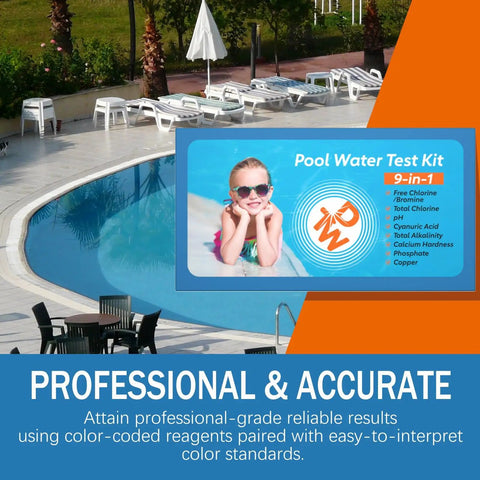 No Sweat 9 In 1 Pool And Hot Tub Test Kit with colorful label near pool and sunbathing area, showcasing pool chemistry tests.