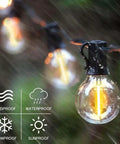 Close-up of waterproof LED Outdoor String Lights 2 Pack 48 Foot Patio Lights with dimmable shatterproof bulbs in rain.