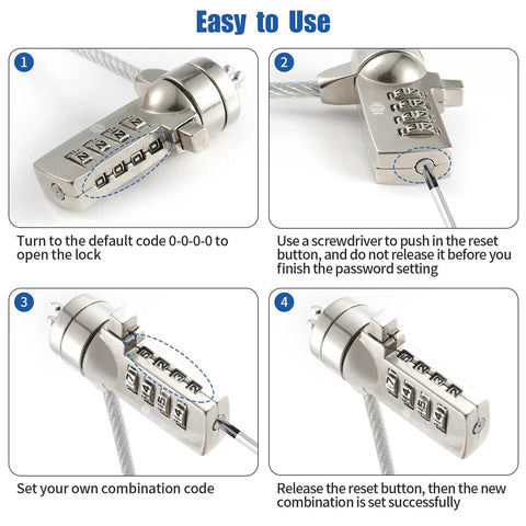 Heavy Duty Laptop Cable Lock With A Beefy Steel Core And Slick Combo Code To Lock Down iPads Tablets Laptops And Macbooks tutorial images showing lock reset process.