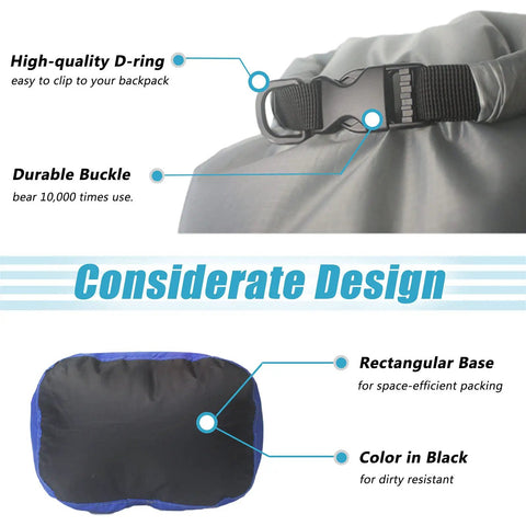 Detailed view of Ultralight Dry Bag Set 5 Pack Waterproof Dry Sacks with D-ring and buckle, showing design features.