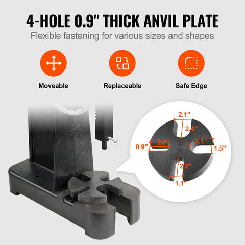 4-hole 0.9" thick anvil plate on Heavy Duty 3 Ton Ratchet Arbor Press for flexible fastening and precision work.