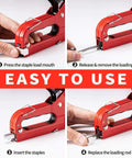 Instructional steps showing red Beast Of A 4 In 1 Heavy Duty Upholstery Staple Gun Kit with 1200 Staples being loaded.