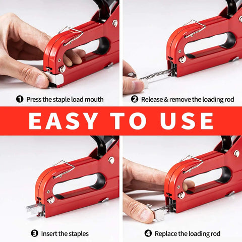 Instructional steps showing red Beast Of A 4 In 1 Heavy Duty Upholstery Staple Gun Kit with 1200 Staples being loaded.