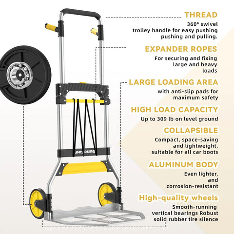 Heavy Duty Aluminum Folding Hand Truck With 309 Lb Weight Limit And Smooth TPR Rollers Collapsible Dolly Cart Featuring Adjustable Grip For No Sweat Hauling Across Any Floor