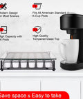 High Capacity Coffee Pod Drawer Organizer With Tempered Glass Top Holds 36 K Cup Pods next to coffee machine with mug.