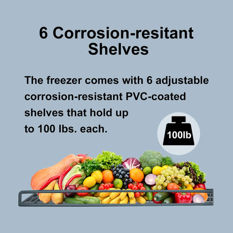 Heavy Duty Commercial Upright Freezer Forty Seven Cubic Feet showcasing 6 corrosion-resistant shelves with assorted vegetables.